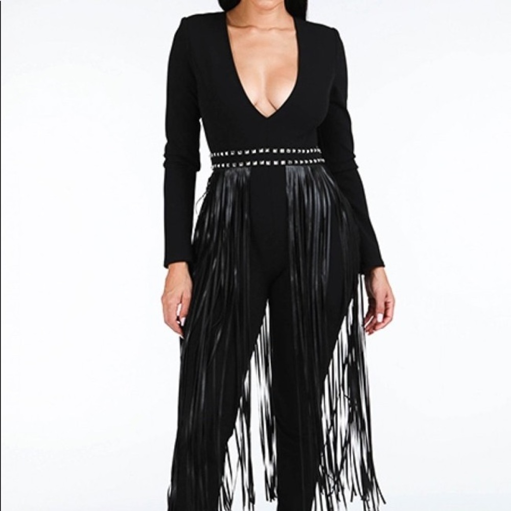 Black Deep V Fringe Jumpsuit